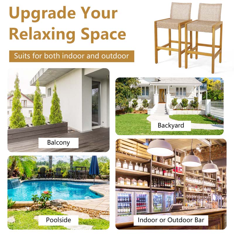 Rattan Wood Bar Stools Patio Dining Chairs with Backrest & Footrest, Indoor Outdoor Bar Height Chairs for Backyard Poolside