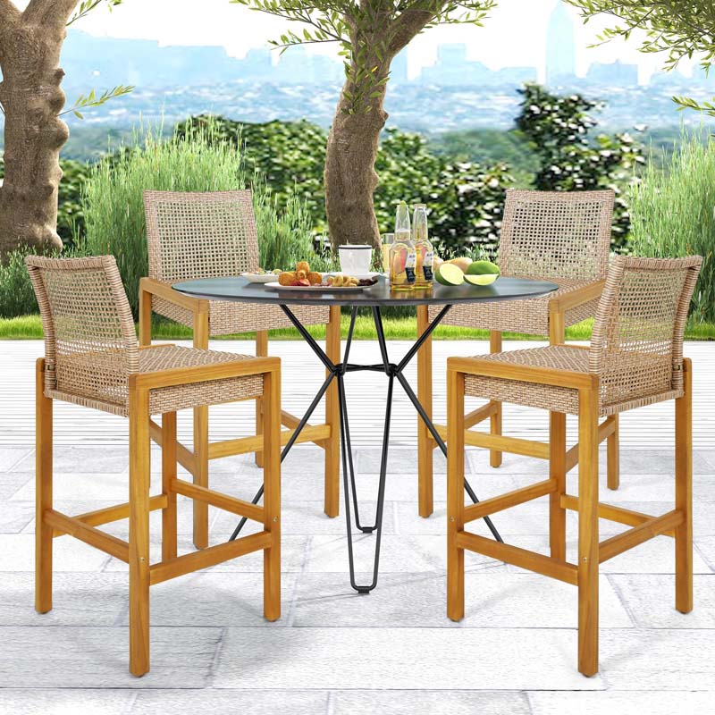 Rattan Wood Bar Stools Patio Dining Chairs with Backrest & Footrest, Indoor Outdoor Bar Height Chairs for Backyard Poolside