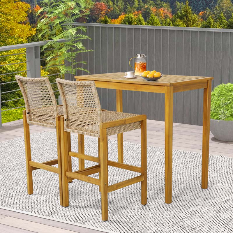 Rattan Wood Bar Stools Patio Dining Chairs with Backrest & Footrest, Indoor Outdoor Bar Height Chairs for Backyard Poolside