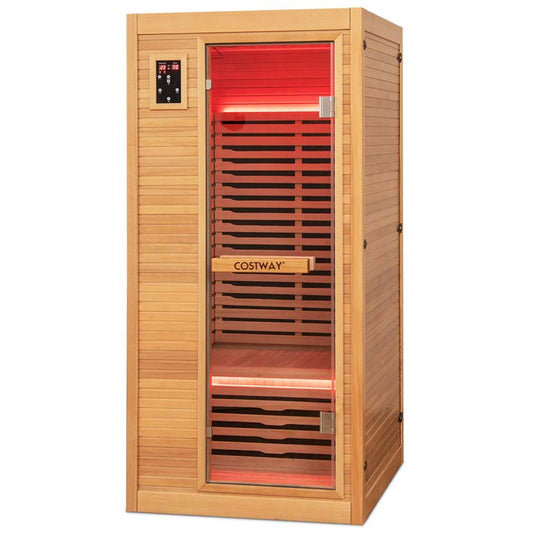 1-Person Far Infrared Wooden Sauna for Home, Tempered Door Canadian Hemlock Indoor Sauna Room w/Bluetooth Speakers, Oxygen Ionizer