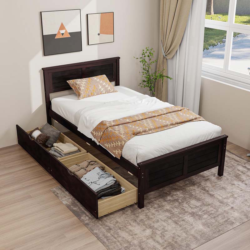 Twin/Full Size Solid Wood Platform Bed Frame with 2 Storage Drawers & Headboard, Wooden Slats Support Mattress Foundation