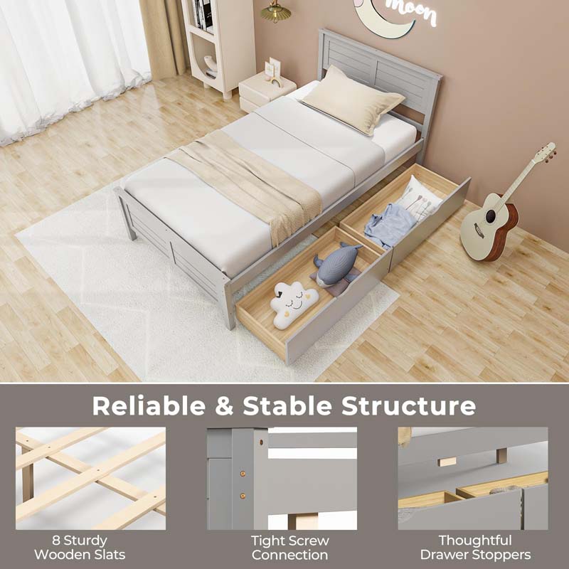 Twin/Full Size Solid Wood Platform Bed Frame with 2 Storage Drawers & Headboard, Wooden Slats Support Mattress Foundation