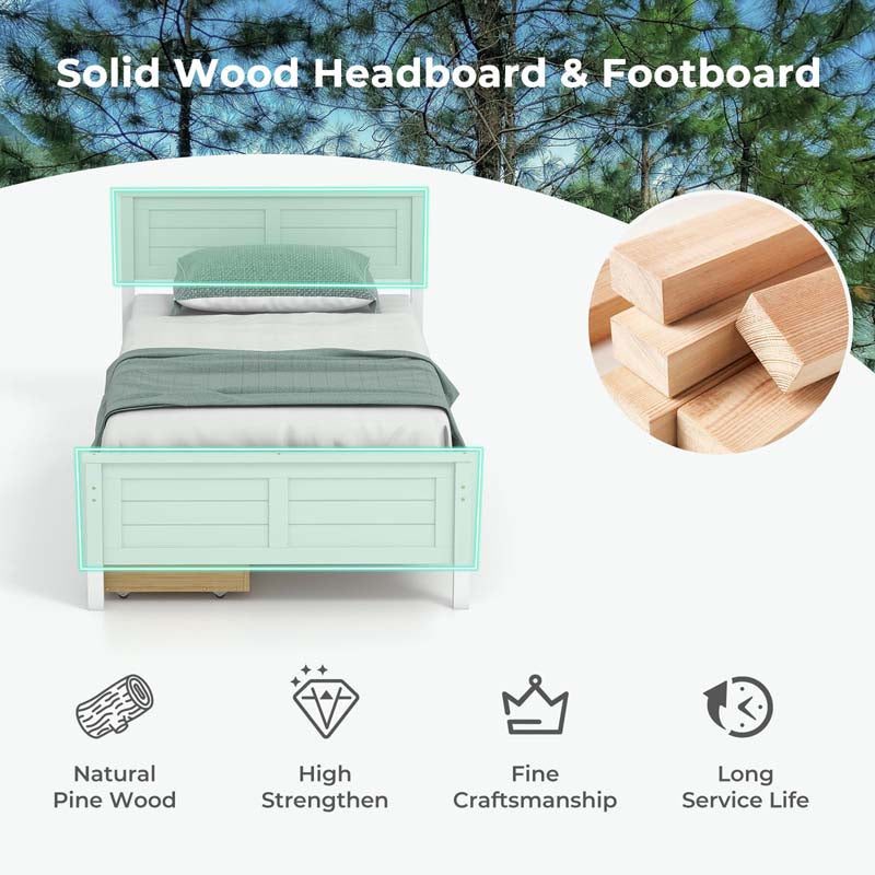 Twin/Full Size Solid Wood Platform Bed Frame with 2 Storage Drawers & Headboard, Wooden Slats Support Mattress Foundation