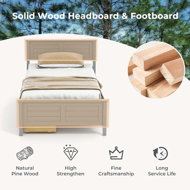 Twin/Full Size Solid Wood Platform Bed Frame with 2 Storage Drawers & Headboard, Wooden Slats Support Mattress Foundation