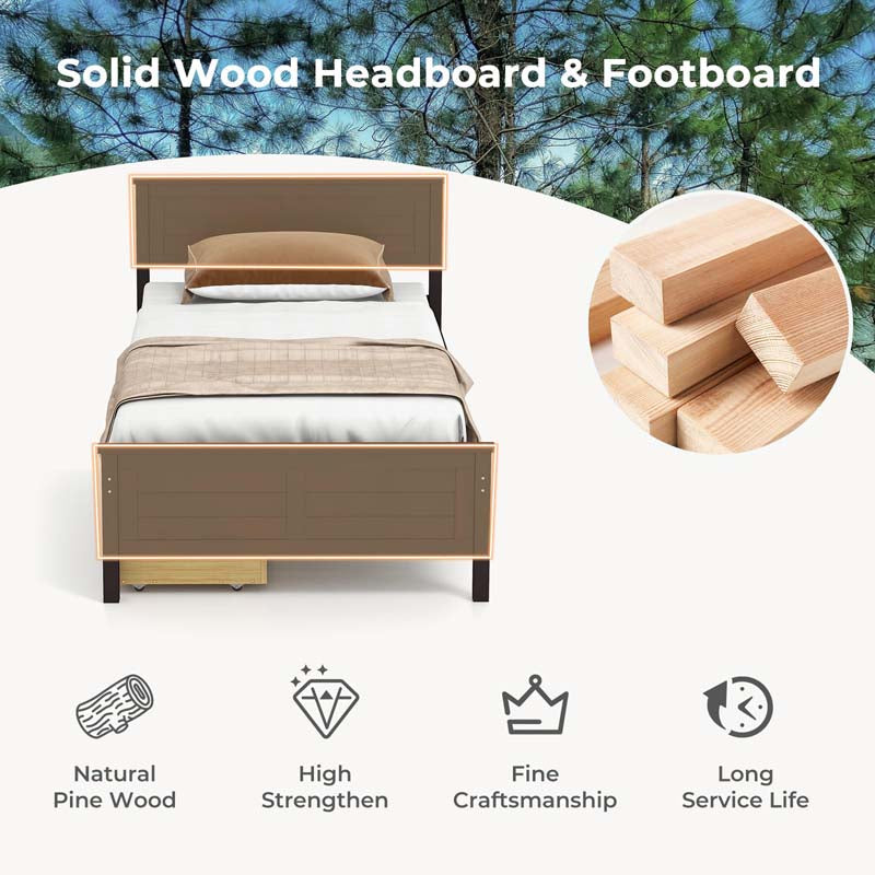 Twin/Full Size Solid Wood Platform Bed Frame with 2 Storage Drawers & Headboard, Wooden Slats Support Mattress Foundation