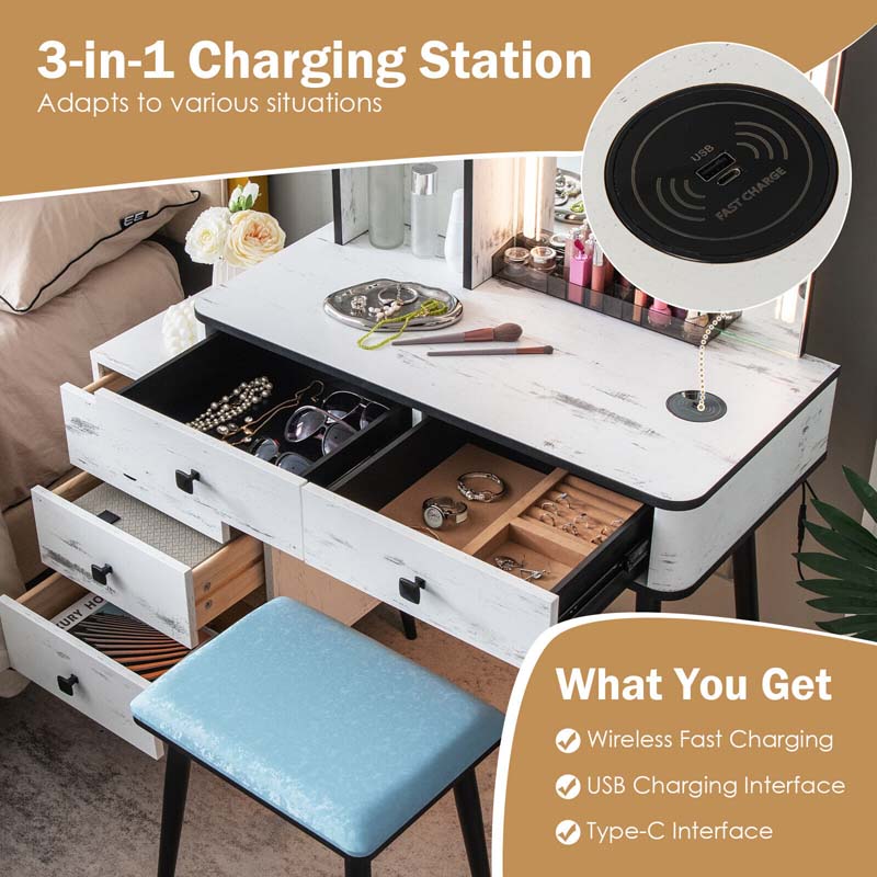 Makeup Table Vanity Set Dressing Desk with Dimmable Lighted Mirror, 3 Lighting Modes, Human Body Induction