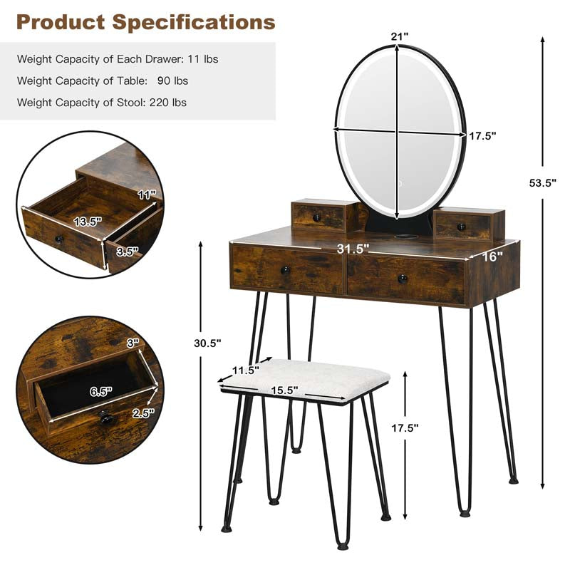 Modern Vanity Table Set w/3-Color Lighted Mirror & 4 Drawers, Bedroom Dressing Table Makeup Vanity Desk with Cushioned Stool