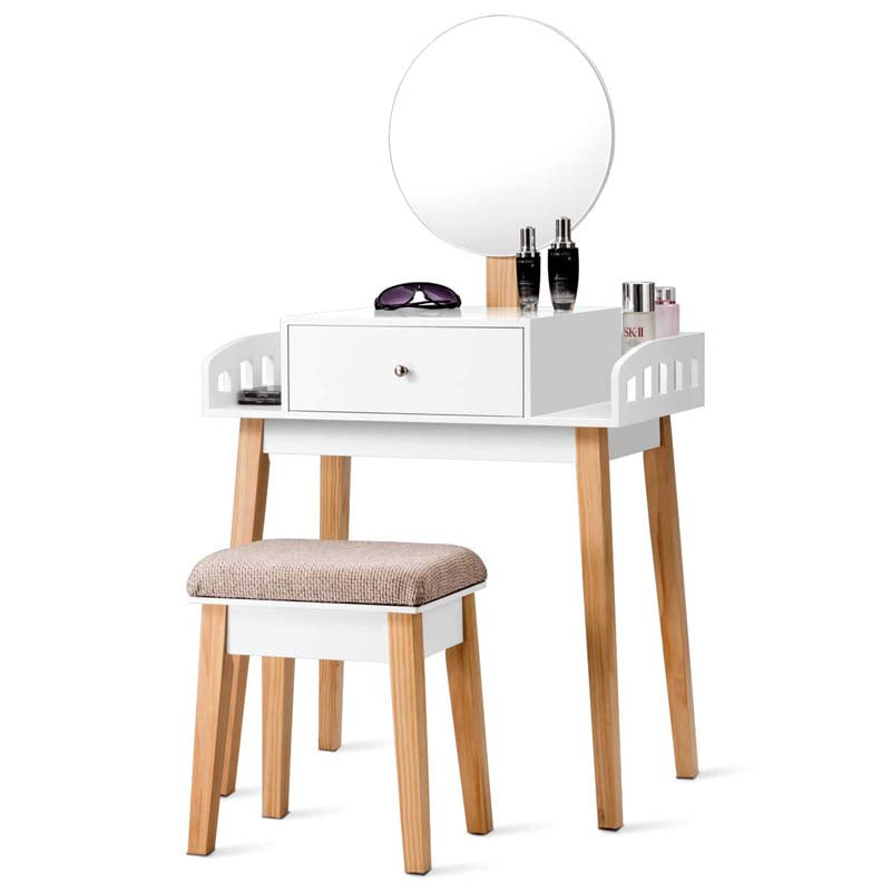 Vanity Table Set with Height Adjustable Round Mirror, Makeup Mirrored Dressing Table with Cushioned Stool, Side Storage