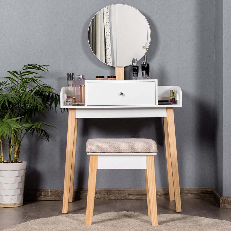 Vanity Table Set with Height Adjustable Round Mirror, Makeup Mirrored Dressing Table with Cushioned Stool, Side Storage