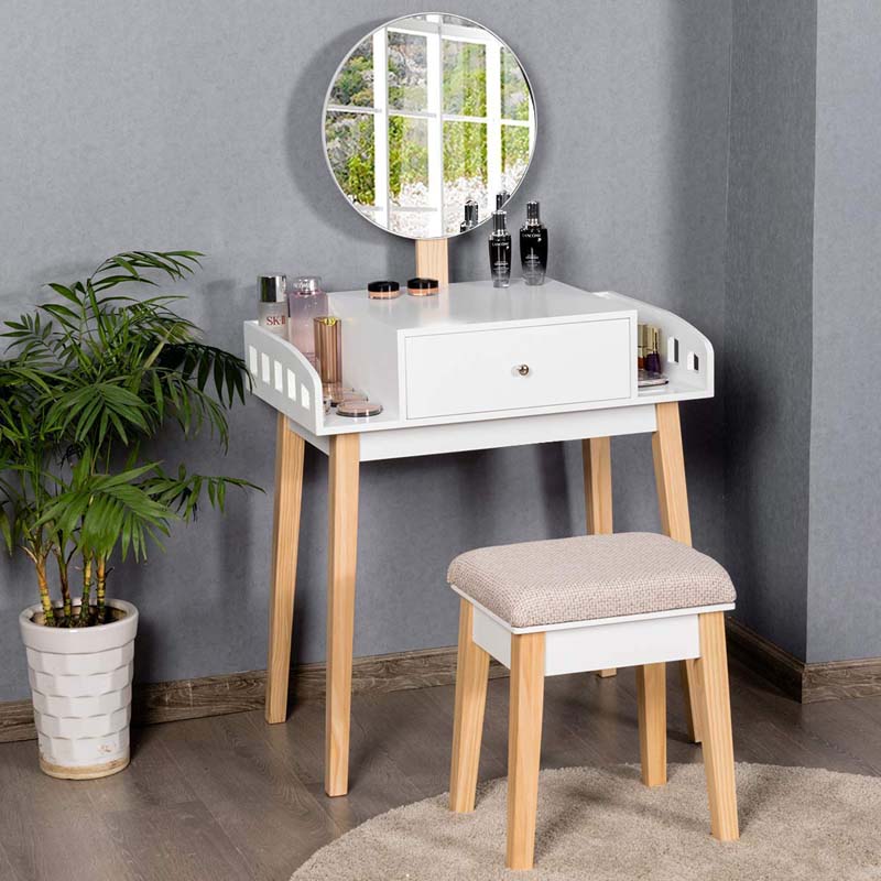 Vanity Table Set with Height Adjustable Round Mirror, Makeup Mirrored Dressing Table with Cushioned Stool, Side Storage