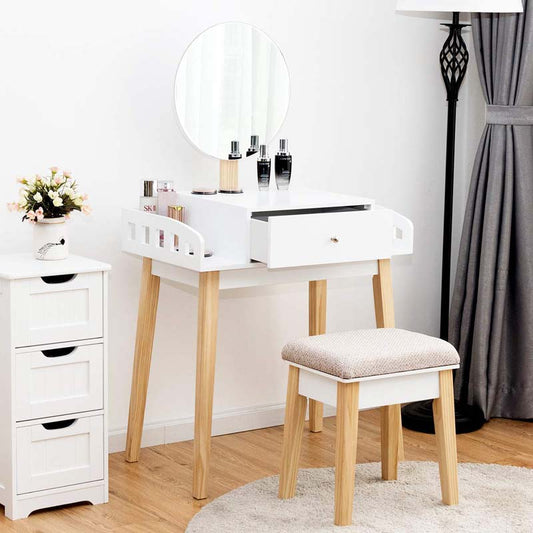Vanity Table Set with Height Adjustable Round Mirror, Makeup Mirrored Dressing Table with Cushioned Stool, Side Storage