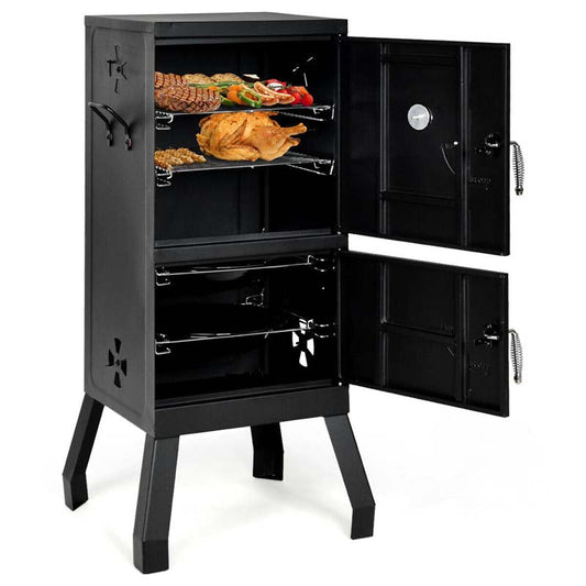 2-Layer Smoked Carbon Oven, Vertical Charcoal Smoker, Outdoor Portable Charcoal Grill Barbeque with 2 Chrome-Plated Nets, 2 Charcoal Pots