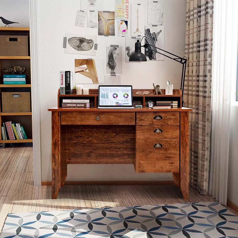 48" Vintage Home Office Desk, Executive Computer Desk Study Desk with 4 Storage Drawers & Hutch