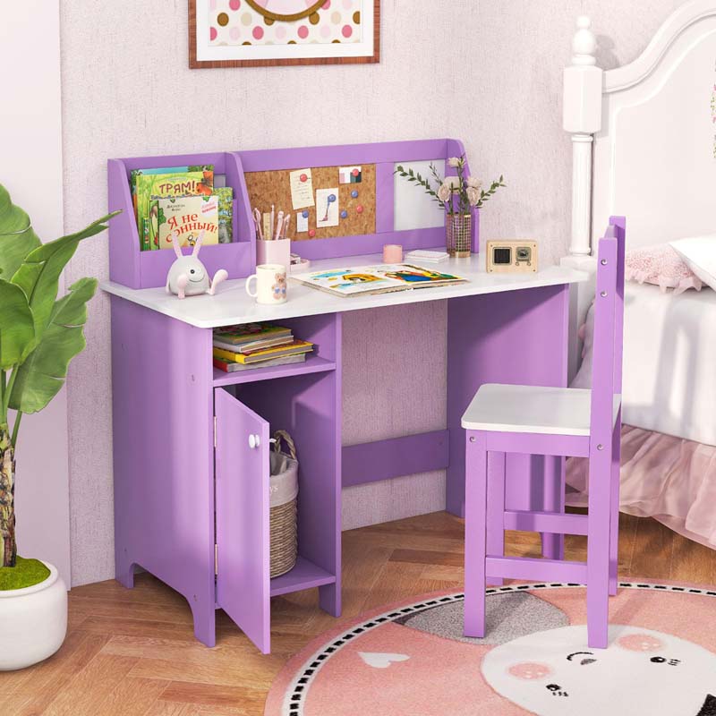 Wooden Kids Desk Chair Set with Whiteboard, Hutch, Cabinet, Children Study Table Chair Student Writing Table