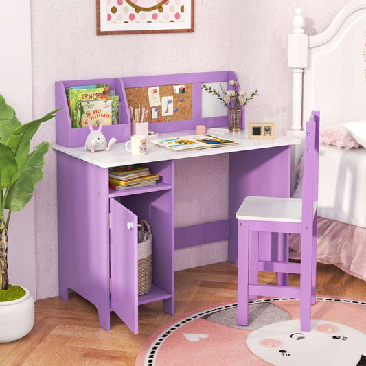 Wooden Kids Desk Chair Set with Whiteboard, Hutch, Cabinet, Children Study Table Chair Student Writing Table
