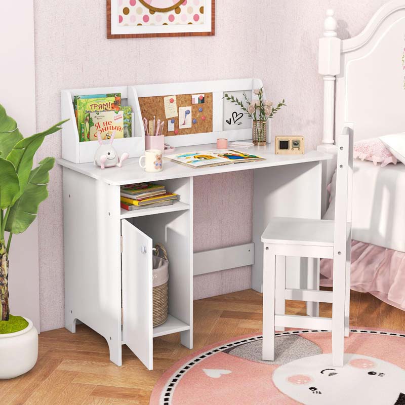 Wooden Kids Desk Chair Set with Whiteboard, Hutch, Cabinet, Children Study Table Chair Student Writing Table