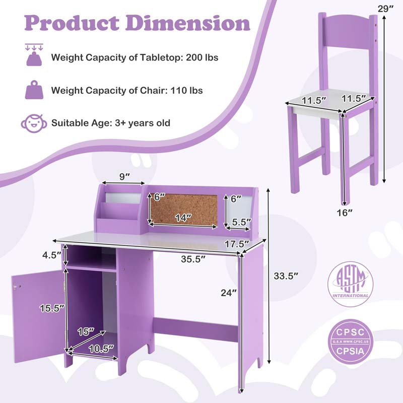 Wooden Kids Desk Chair Set with Whiteboard, Hutch, Cabinet, Children Study Table Chair Student Writing Table