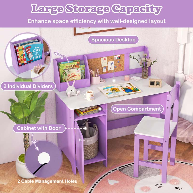 Wooden Kids Desk Chair Set with Whiteboard, Hutch, Cabinet, Children Study Table Chair Student Writing Table