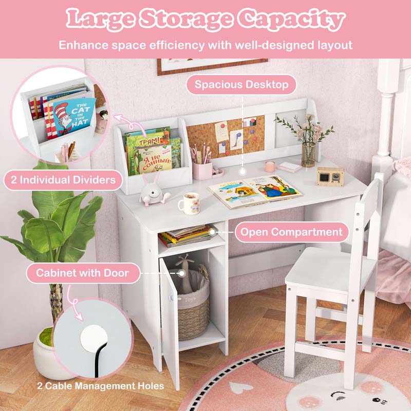 Wooden Kids Desk Chair Set with Whiteboard, Hutch, Cabinet, Children Study Table Chair Student Writing Table