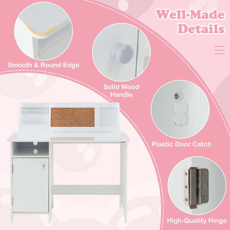 Wooden Kids Desk Chair Set with Whiteboard, Hutch, Cabinet, Children Study Table Chair Student Writing Table