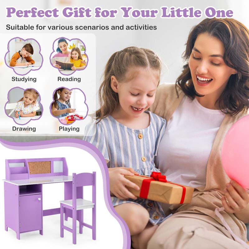 Wooden Kids Desk Chair Set with Whiteboard, Hutch, Cabinet, Children Study Table Chair Student Writing Table