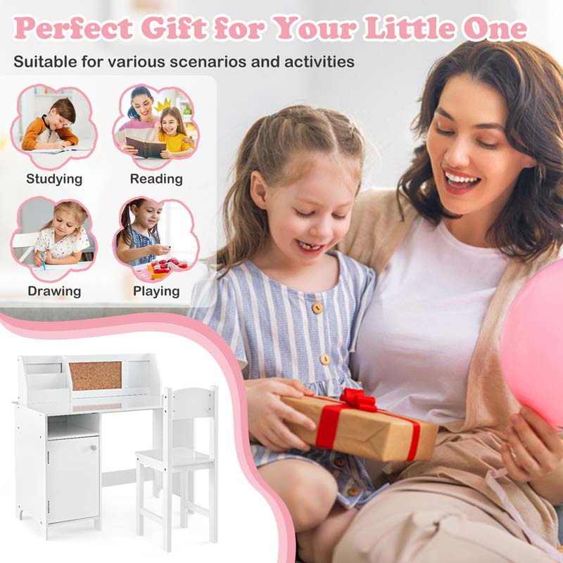 Wooden Kids Desk Chair Set with Whiteboard, Hutch, Cabinet, Children Study Table Chair Student Writing Table