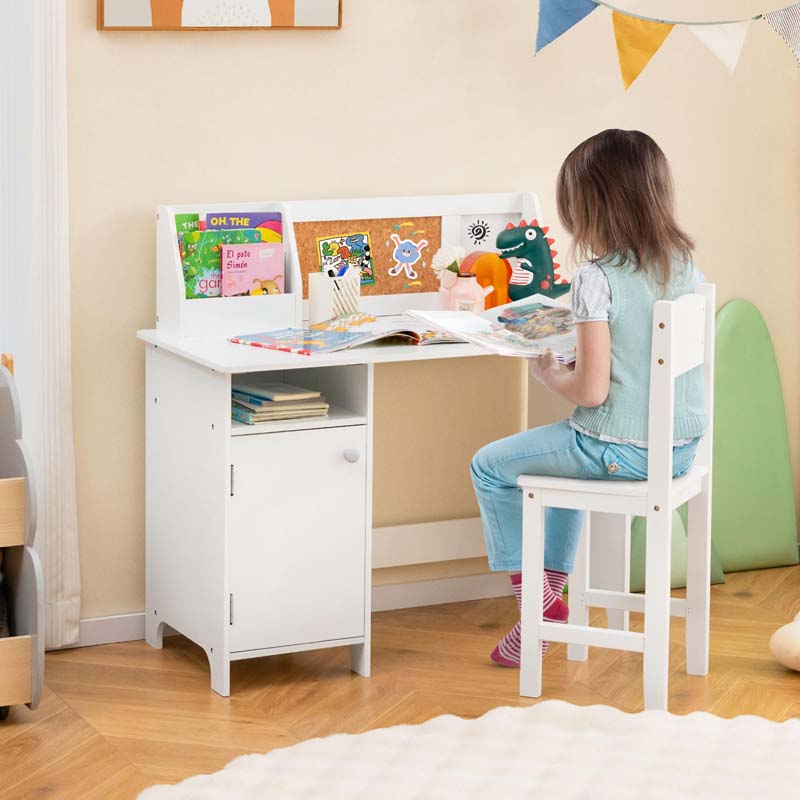 Wooden Kids Desk Chair Set with Whiteboard, Hutch, Cabinet, Children Study Table Chair Student Writing Table