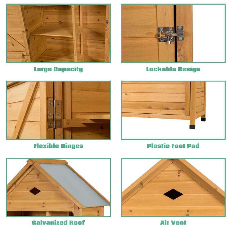 63" Wood Outdoor Storage Shed Lockable Garden Tools Storage Cabinet with 5 Shelves, Galvanized Sheet Roof