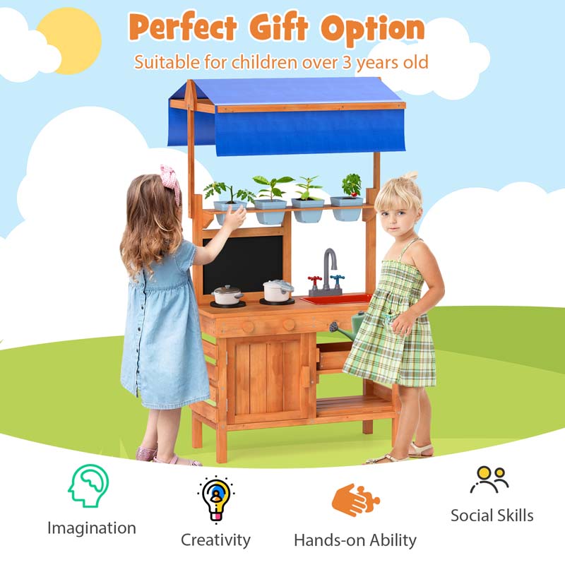 Kids Mud Kitchen Playset, Fir Wood Outdoor Play Kitchen Kids Potting Bench Mud Table with Adjustable Canopy, Sink, 4 Pots, Blackboard