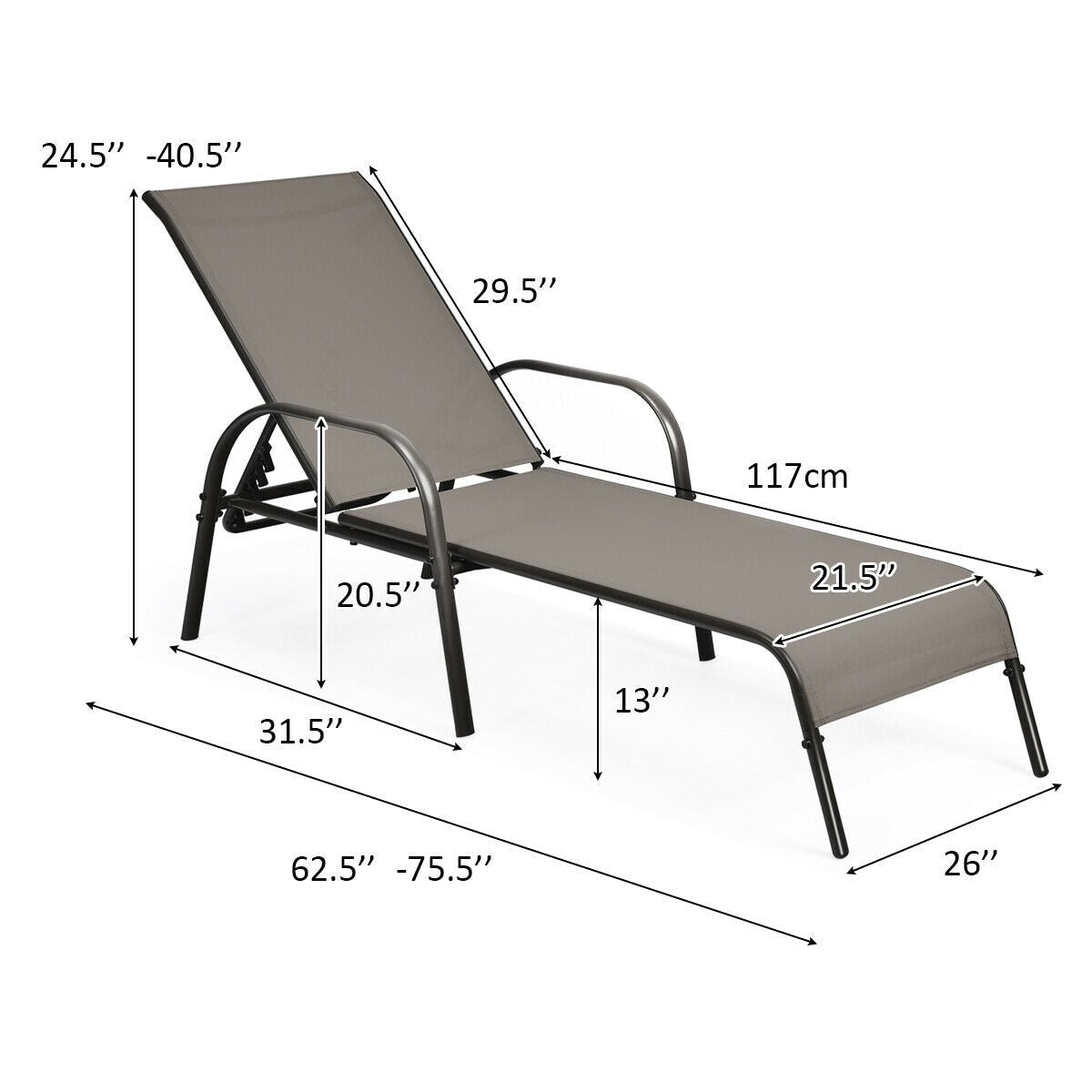 5-Position Fabric Folding Outdoor Chaise Lounge Chair, Lightweight Pool Chair Patio Lawn Recliner Sun Lounger