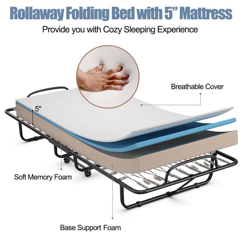 79" x 39" Rollaway Folding Bed with 5" Memory Foam Mattress, Twin Size Portable Guest Bed with Wheels