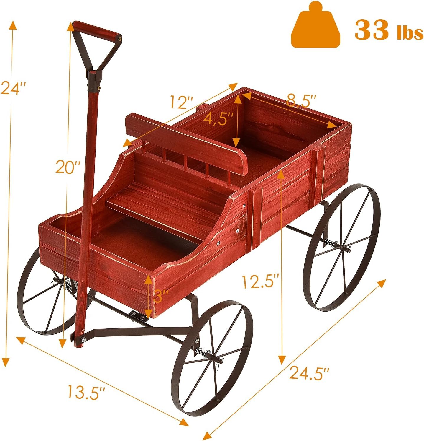 24.5" x 13.5" x 24"  Wooden Wagon Planter, Decorative Garden Planter Box with 2 Planting Sections, Wheels, Handle, Small Decorated Cart