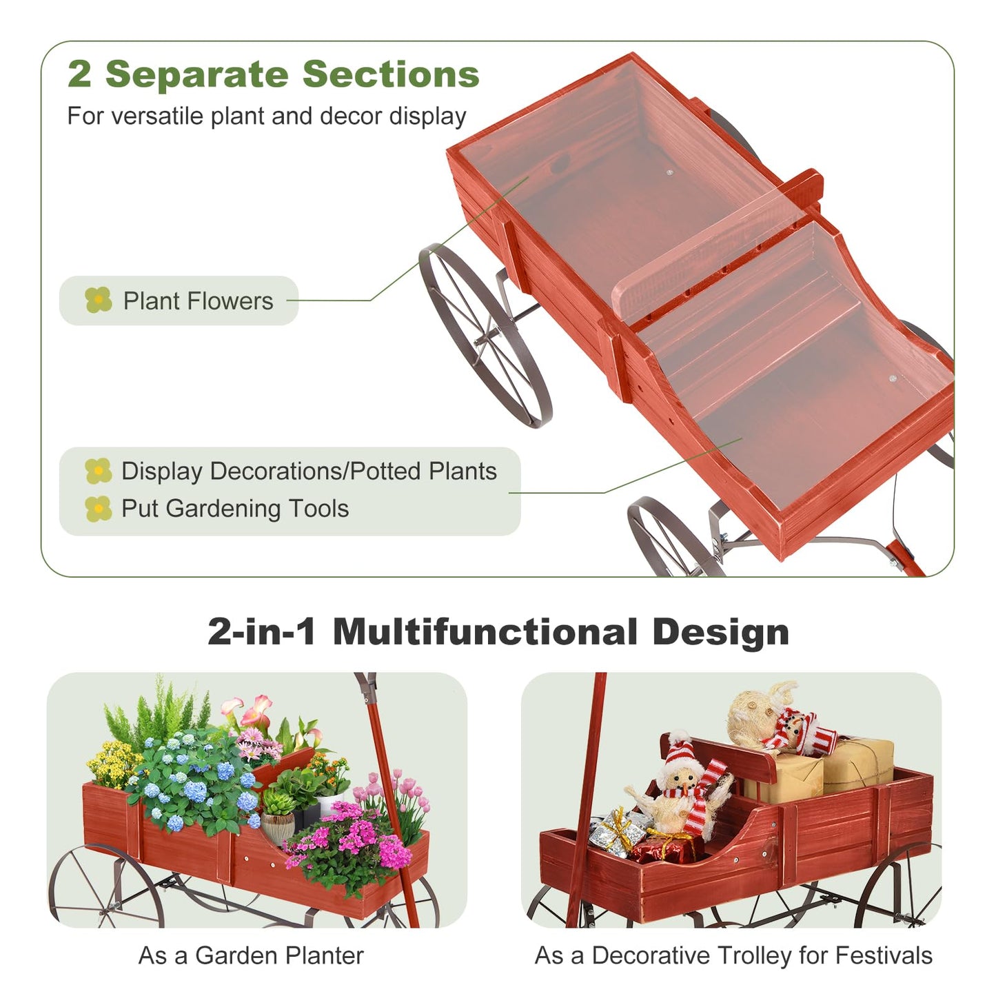 24.5" x 13.5" x 24"  Wooden Wagon Planter, Decorative Garden Planter Box with 2 Planting Sections, Wheels, Handle, Small Decorated Cart