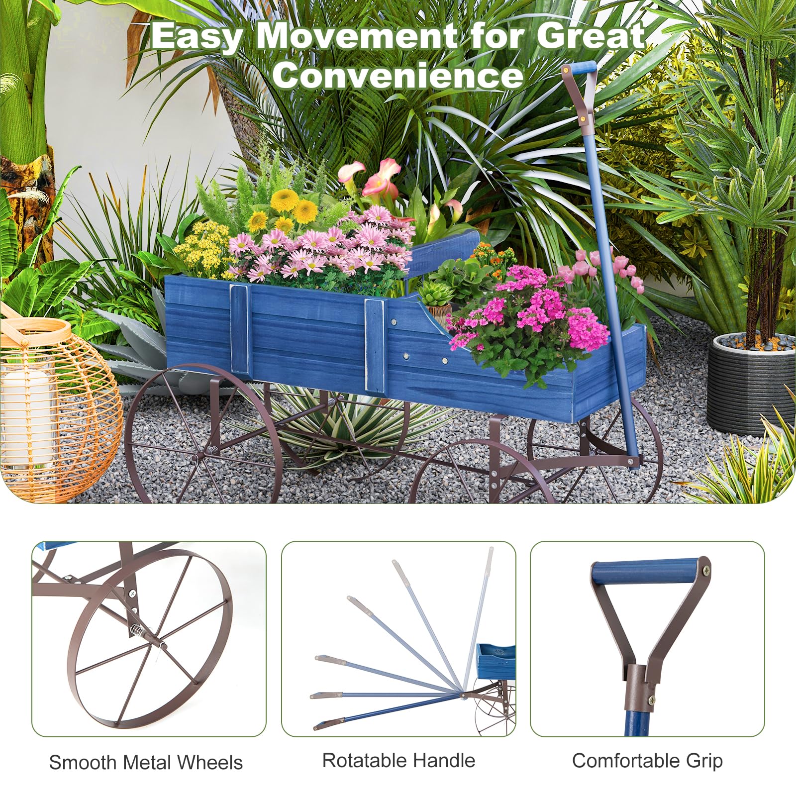 24.5" x 13.5" x 24"  Wooden Wagon Planter, Decorative Garden Planter Box with 2 Planting Sections, Wheels, Handle, Small Decorated Cart
