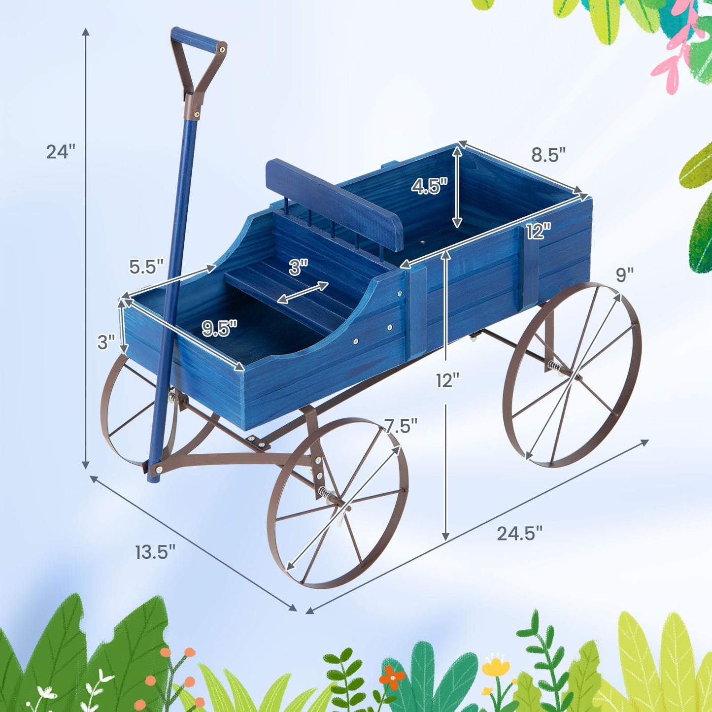 24.5" x 13.5" x 24"  Wooden Wagon Planter, Decorative Garden Planter Box with 2 Planting Sections, Wheels, Handle, Small Decorated Cart