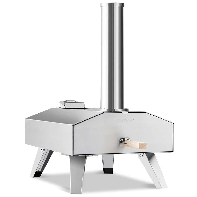 Wood Pellet Fired Outdoor Pizza Oven with 12'' Pizza Ston & Foldable Legs, Portable Stainless Steel Pizza Maker for Camping Picnic