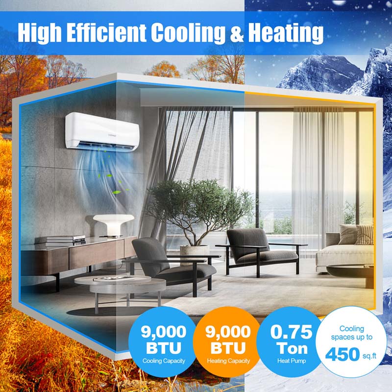 9000 BTU 17 SEER2 Mini Split Air Conditioner & Heater Ductless Inverter System, 208-230V Wall-Mounted AC Unit with Heat Pump